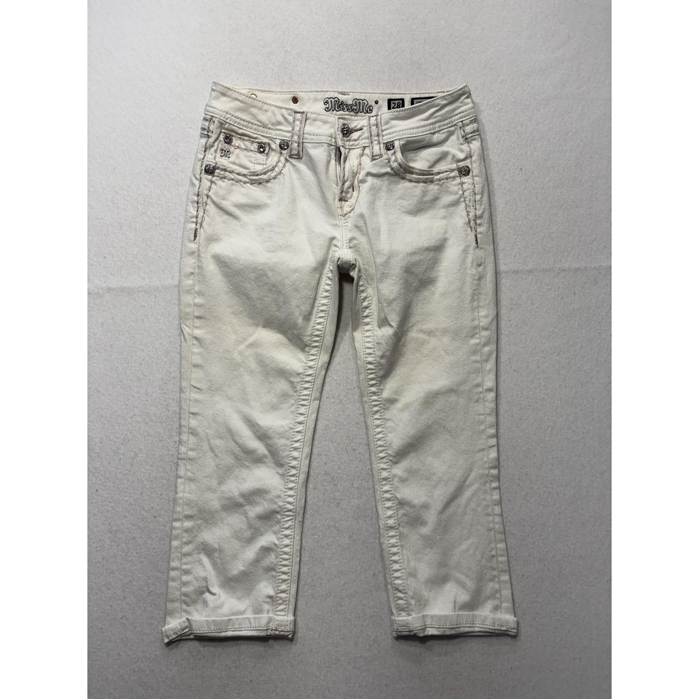 Miss Me Womens 28 White Signature Capri Embellished Stretch Jeans JVS014PJ44